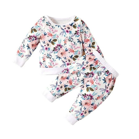 

YFPWM New Born Clothes Baby Girl Autumn Winter Girls Floral Print Long Sleeve Crew Neck Pullover Trousers Suit Multicolor 18-24 Months