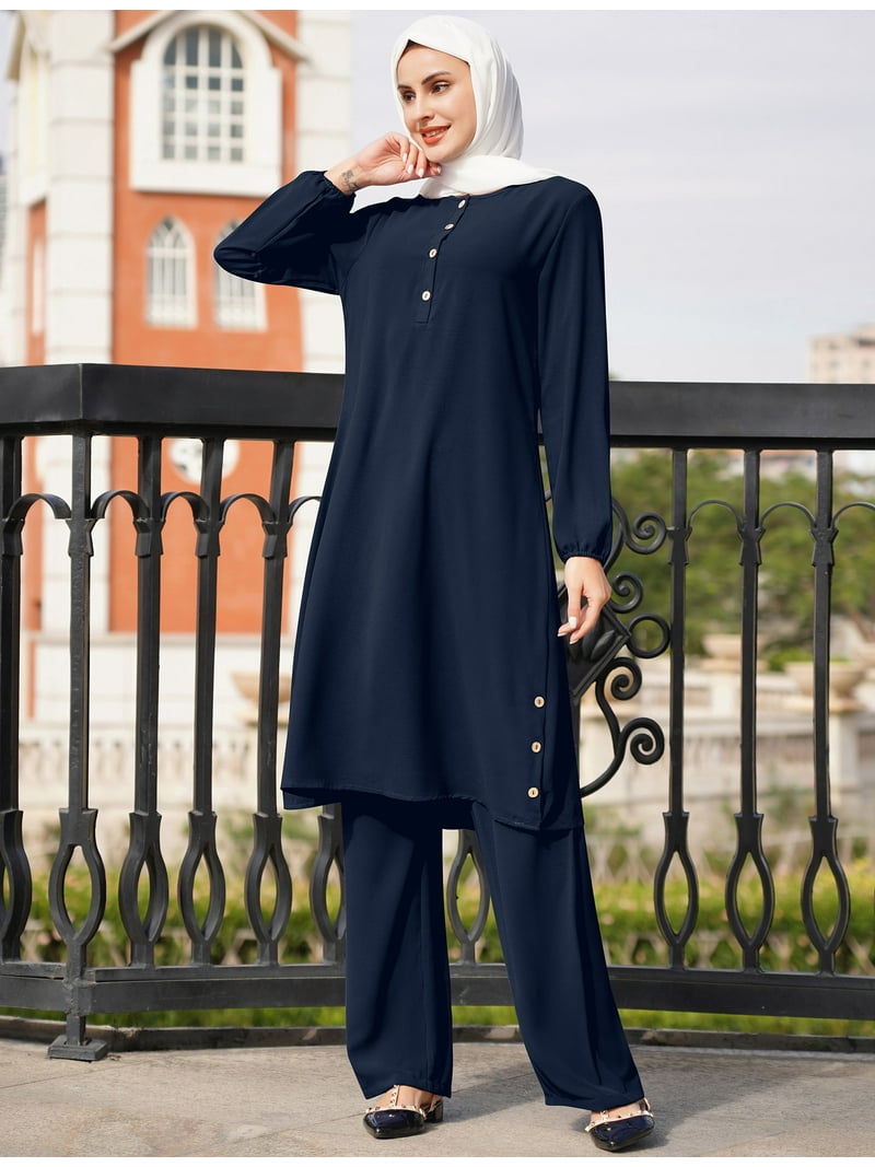 IBTOM CASTLE Muslim Clothes for Women Arabic Long Sleeve Loose Ramadan  Tracksuit Islamic Clothing Blouse Wide Leg Pant Suits L Navy Blue