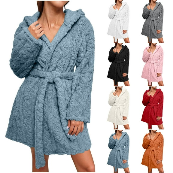 Meichang Women's Short Robe Cozy Hooded Plush Fleece Long Sleeve Winter Kimono Robes Fuzzy Fluffy Bathrobe Soft with Belt Pockets Sleepwear