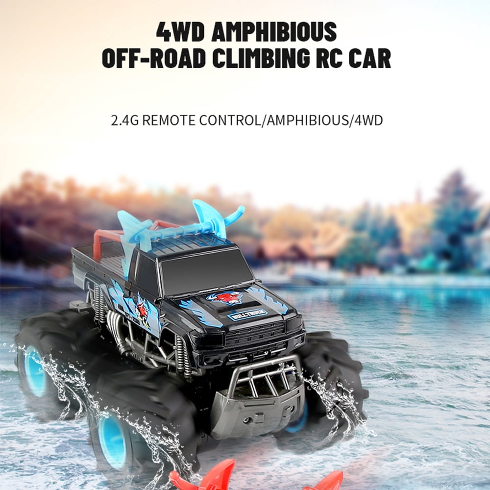 4WD Amphibious Remote Control Car - 2.4G High Speed Off-Road Stunt Vehicle, Waterproof Double-Sided Driving RC Car Toys Gift,,Blue，2 Battery