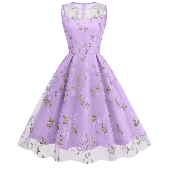 Miqool Women's 1950s Vintage Floral Embroidered Dress Sleeveless Mesh Tulle Tea Party Cocktail Dresses Evening Prom Dress Wedding Guest Formal Dresses