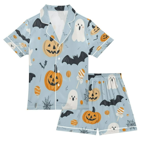 Silky Satin Kids' Pajama Set Breathable & Smooth Unisex Button-Down Pajamas Cute Halloween-themed Clipart