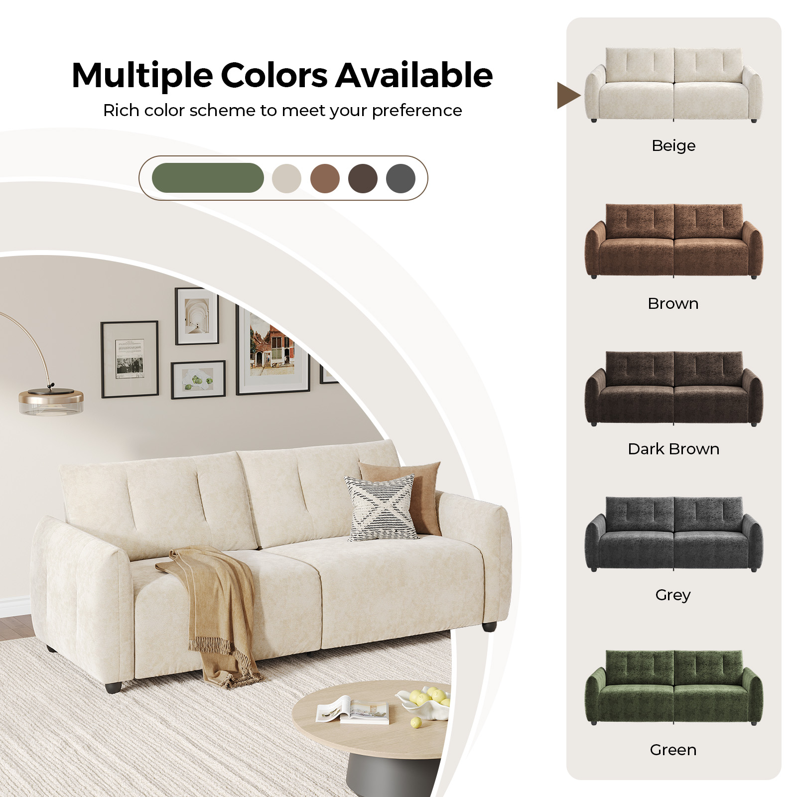 COPIAE 84.5 Inch Loveseat Sofa, Modern Couch and Sofa, Feather-tip armrest design, Sturdy and Easy Installation, Small Sofa for Living Room Bedroom Office and Apartment, Chenille Fabric,Beige