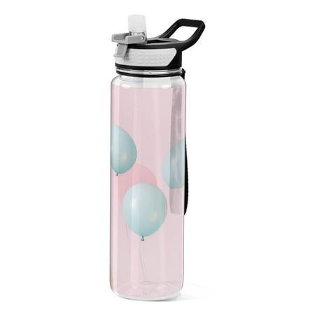 

32oz Transparent Sports Water Bottle with Straw BPA Free Tritan for Kids Adults Outdoor School Gym Fitness Pink Balloons