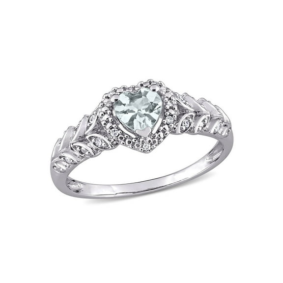 1/3 Carat (Ctw) Aquamarine Heart Ring in 10K White Gold with Accent Diamonds for Women
