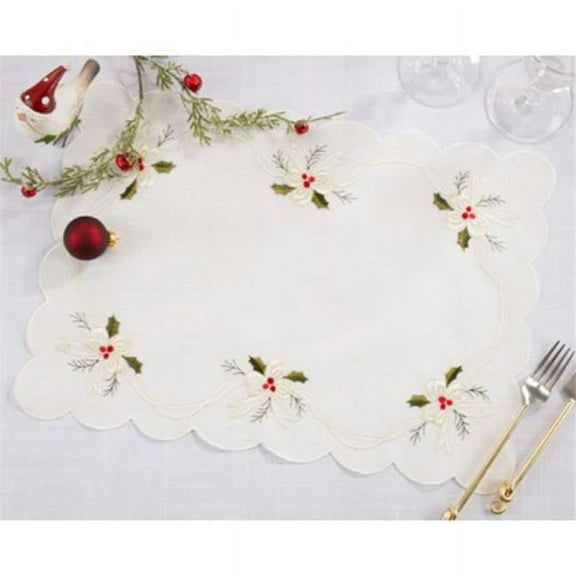 14 x 20 in. Embroidered Holly & Ribbon Placemats, White - Set of 4