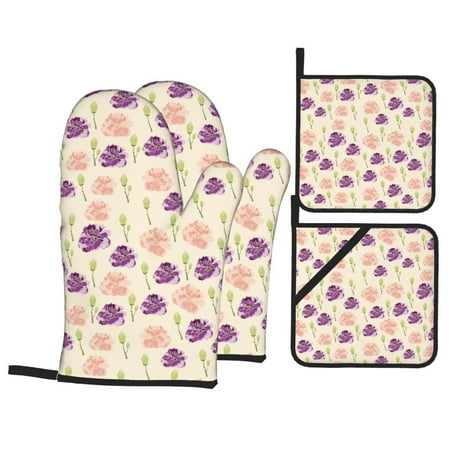 

Oven Mitts and Pot Holders Sets 4 pcs Purple Pink Carnations Flowers Non-Slip Oven Gloves Potholders Soft Quilted Lining Heat Resistant Gloves Hot Pads for Kitchen Cooking Baking