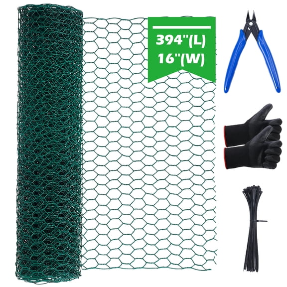 topjuju Chicken Wire Fencing Set , 15 x 394 Inches Green Chicken Wire Mesh with 50 Twist Ties, Pliers and Gloves, 0.6 Inch Hexagonal Galvanized PVC Coated Netting Fence for Crafts, Poultry, Garden