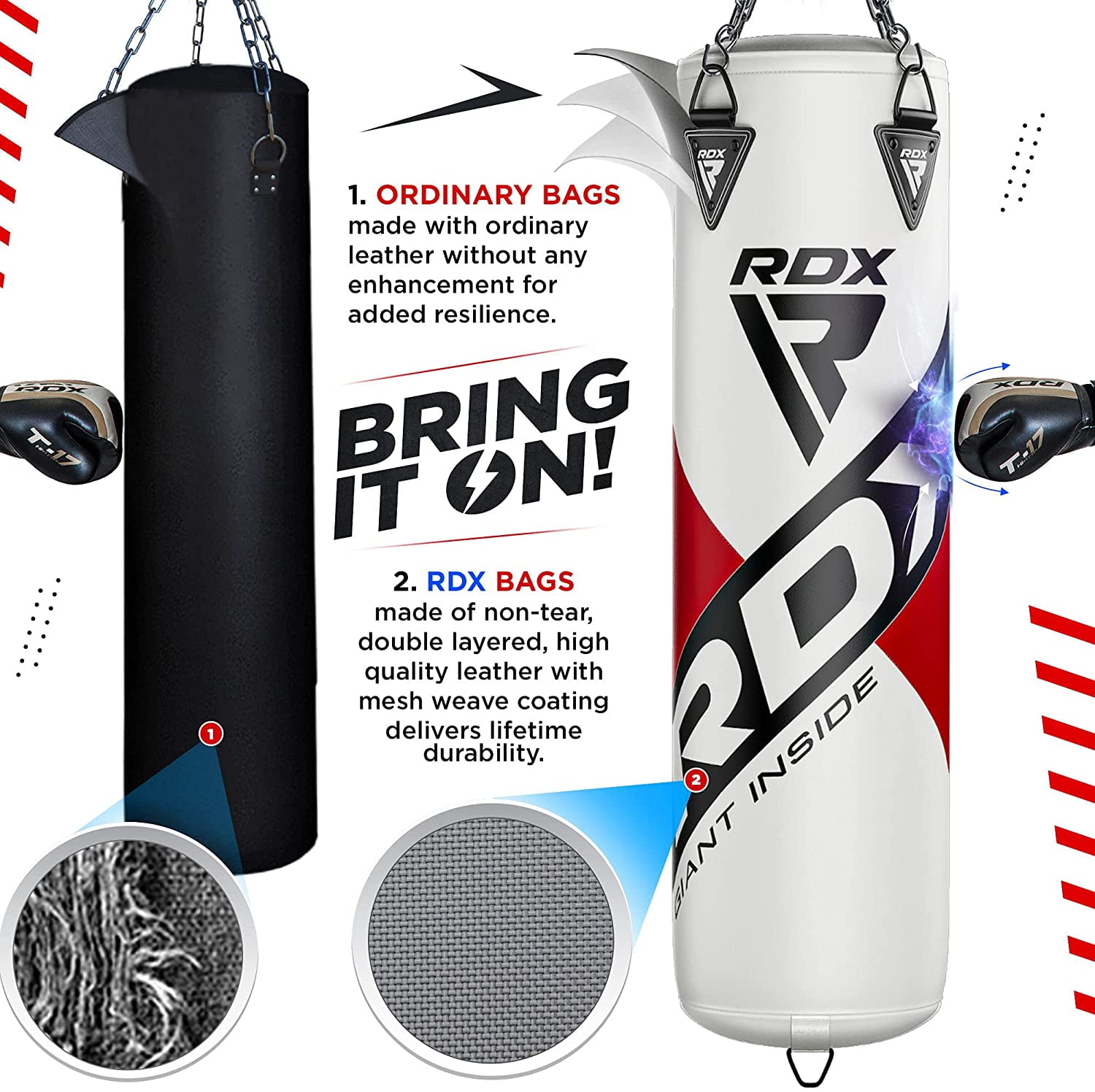 RDX Punch Bag for Boxing, 4ft 5ft unFilled Heavy Bag Anti Swing Set, White