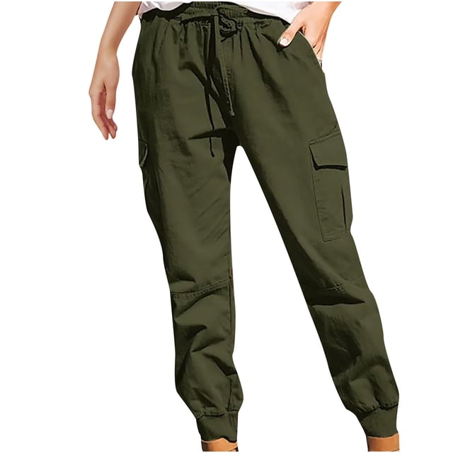 Clearance-Sale Legging with Pocket for Women Solid Color Plus Casual Leggings Drawstring Stretchy Low Waist Ruched Womens Pants Multiple Pocket Softy Work Pants for Women Weekly-Deals(Army Green,L)