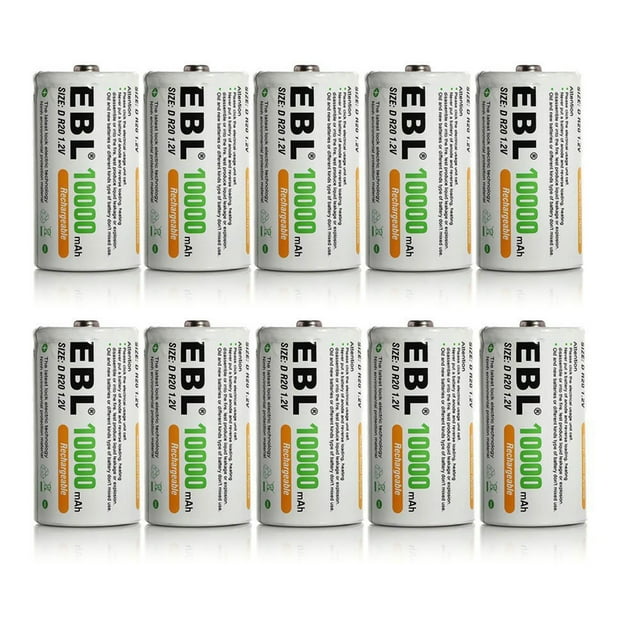 EBL 10000mAh Size D Rechargeable Batteries, 10Pack