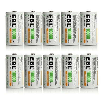 EBL 10-Pack 1.2v Size D Battery 10000mAh Ni-MH Rechargeable