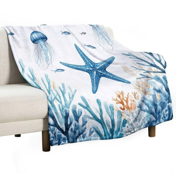 Ocean Life Coral Jellyfish Starfish Blanket for Bed Throw Blanket for Women, Men Super Soft Plush Blanket Throw, Print Blanket