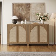 SICOTAS 34.2 Inch Wide Kitchen Pantry Cabinet with 2 Arch Doors, Rattan Storage Sideboard Cabinet with Adjustable Shelves for Kitchen, Freestanding Organizer Credenzas in Natural Oak