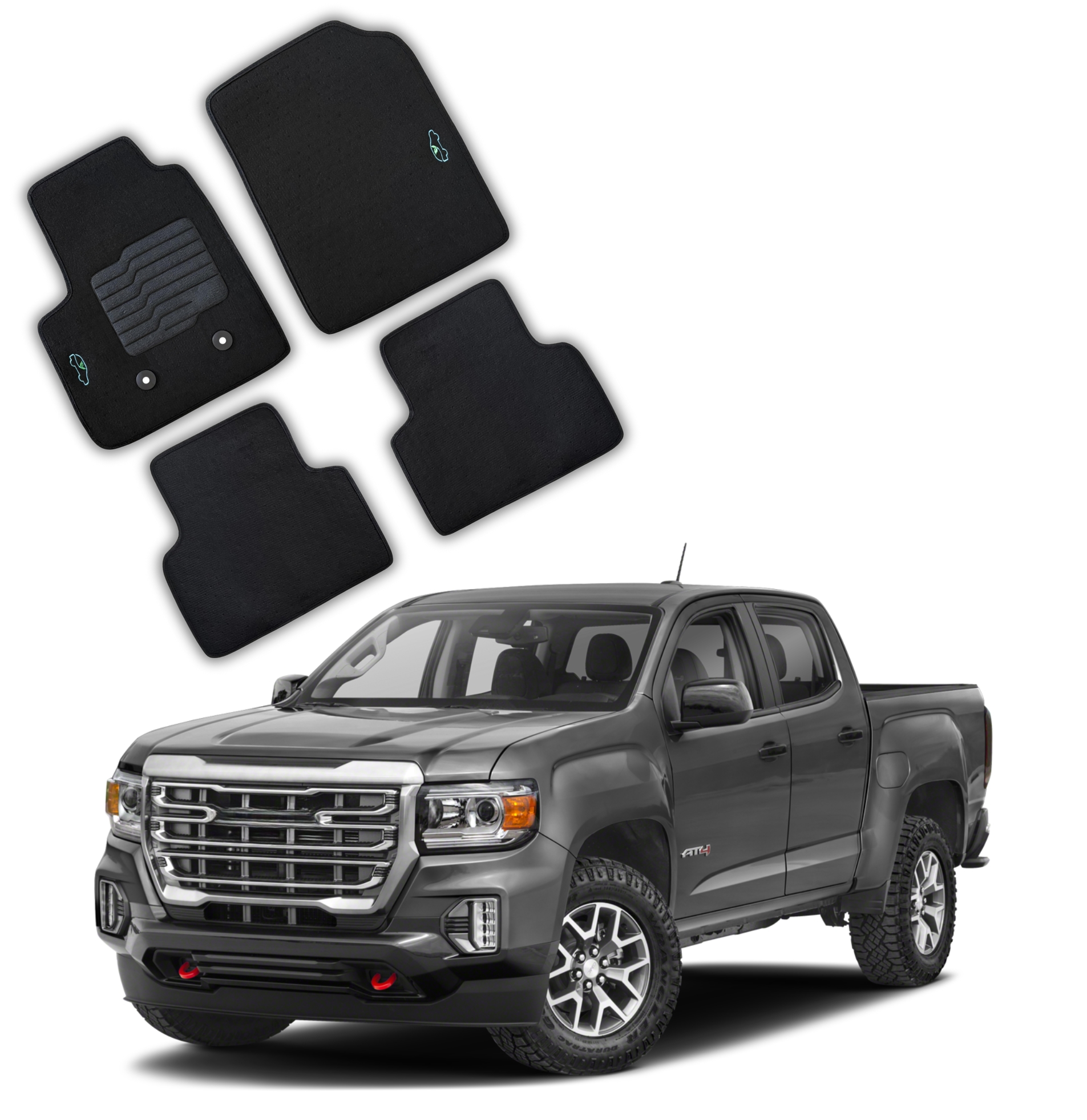 Carpet Floor Mats For 2015 to 2022 Chevrolet Colorado and GMC Canyon, Driver Heel Pad, Front and Rear, Black