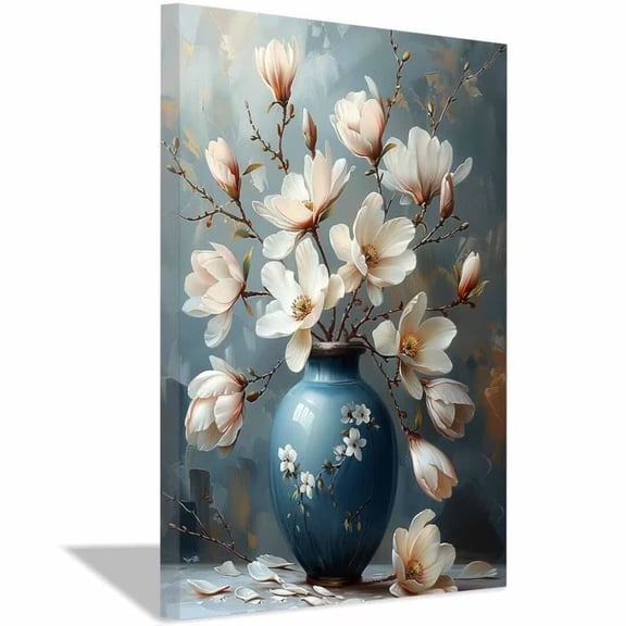 Mudket Framed,Canvas Wall Art,Ready to Hang,Blue Vase Still Life Floral Canvas Print, Vintage Botanical Wall Decor, Floral Pictures, for Bedroom Living Room Office Decor - 12"L x 8"W