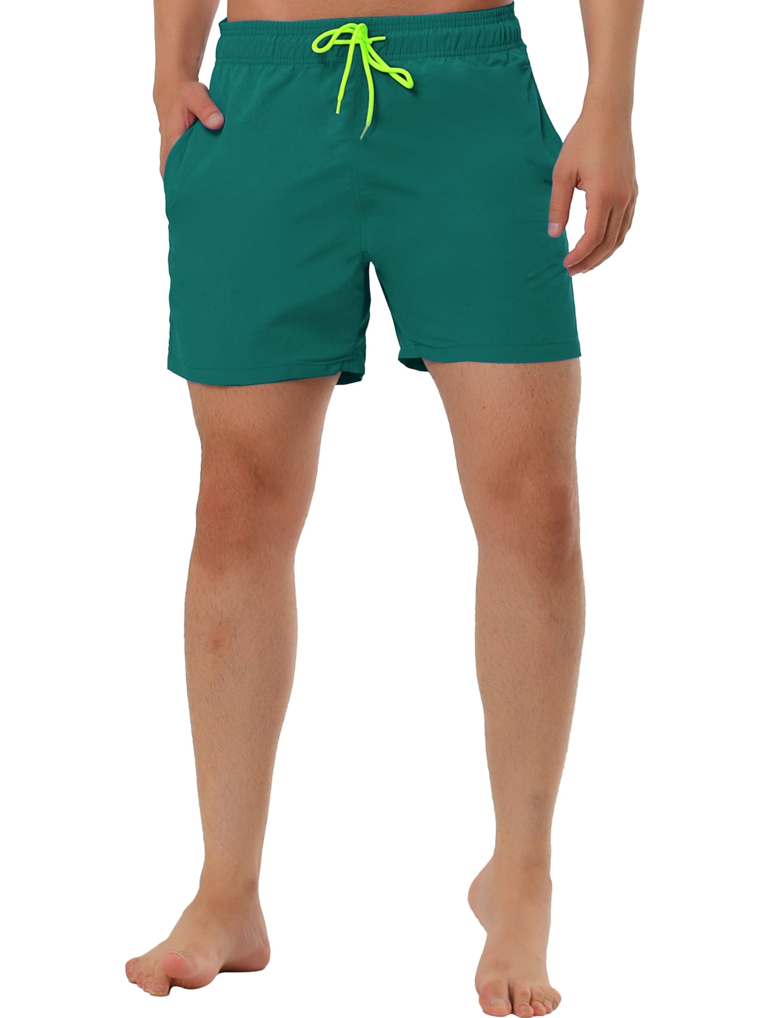 Unique Bargains Men's Summer Holiday Mesh Lining Drawstring Waist Solid Board Shorts 38 Dark Green