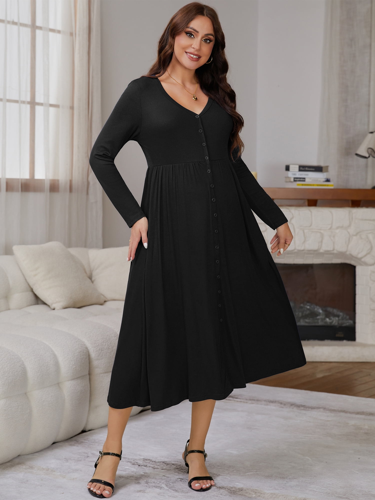 DARING DIVA Women's Soft A-line Maternity Dresses Long Sleeve Maxi Dress L Black