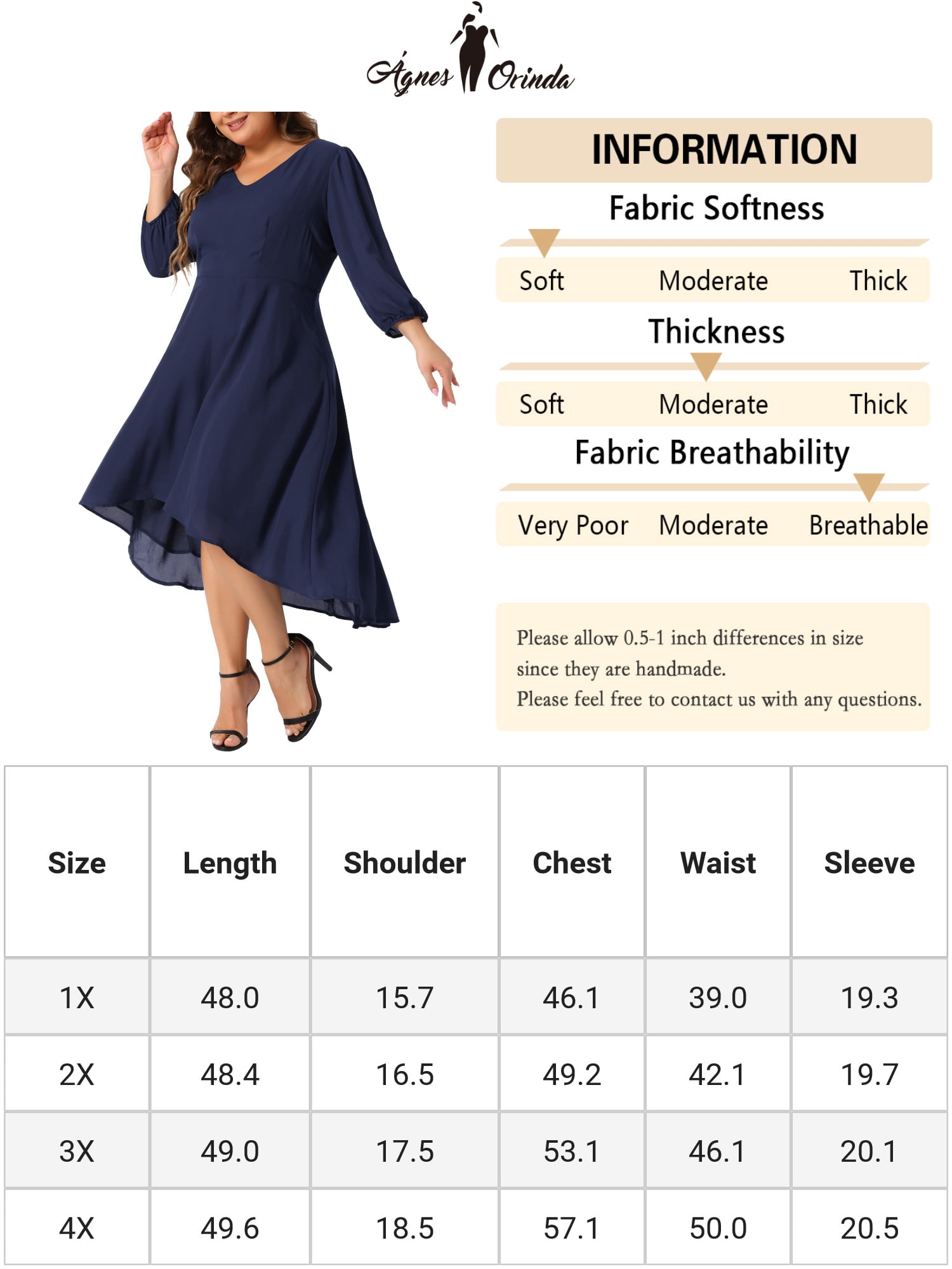 DARING DIVA Plus Size Chiffon V Neck 3/4 Sleeves A-Line Midi Dress 3X Dark Blue