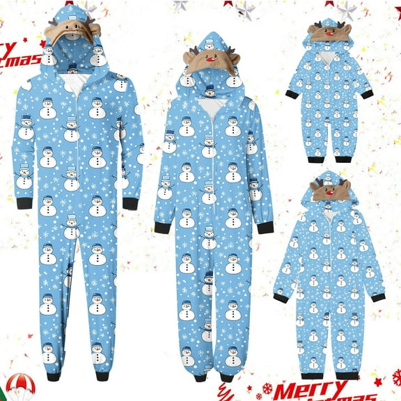 REORIAFEE Christmas Pajama Sets 1 Piece Loungewear Long Sleeve Jumpsuit Pants Santa Graphic Soft Sleepwear Light Blue S-2XL