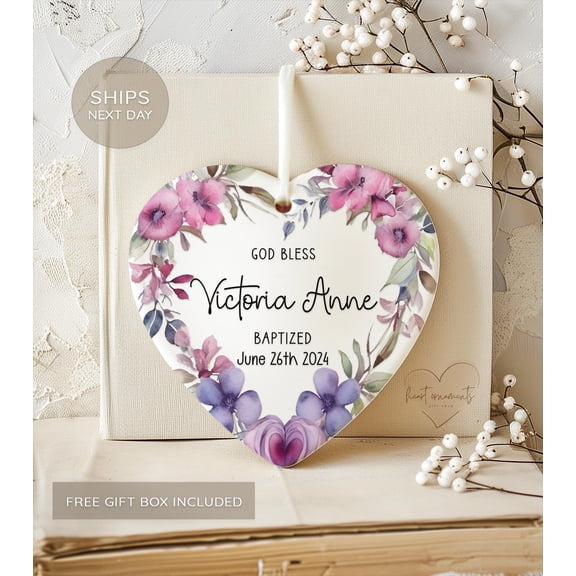 Purple Floral Baptism Ornament Personalized Heart Christening Keepsake for Girls