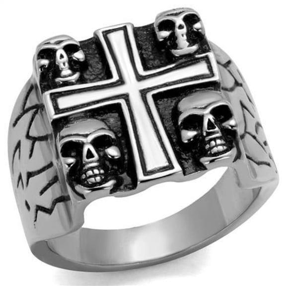 Luxe Jewelry Designs Men's Stainless Steel Cross and Skull Design with Epoxy Black Jet Ring - Size