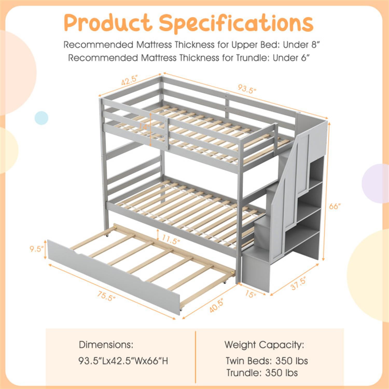 Demi Bonn Home Wood Bunk Bed with Guard Rail and 4-step Storage Stairs, Twin Bunk Beds, No Box Spring Needed, Gray