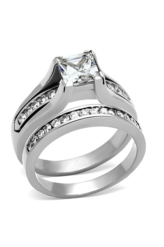 Womens 1 Carat Princess Cut CZ TK316 Stainless Steel Tarnish Free Wedding Ring Set - Size 8