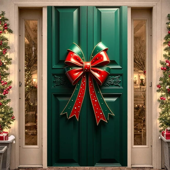 Red Bow Christmas Banner Gold Trim Holiday Display White Polka Dots Satin Material Festive Backdrop for Christmas Party Holiday Decoration Home Door Decor