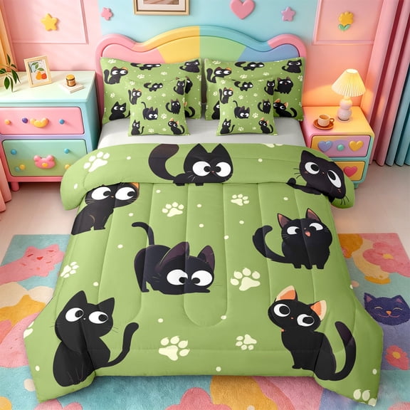 jejeloiu Cartoon Cat Paw Print 7-Piece Twin Bedding Sets Kids,Cute Kitten Pattern Bedding Comforter Set,Reversible