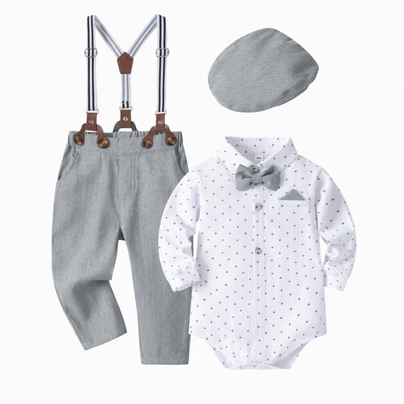 Sopiago Baby Boy Clothes Set Infant Tuxedo Long Sleeve Gentleman Suit Outfits Beret Hat Suspender Pants Bowtie 0-18M Grey,6-9 Months
