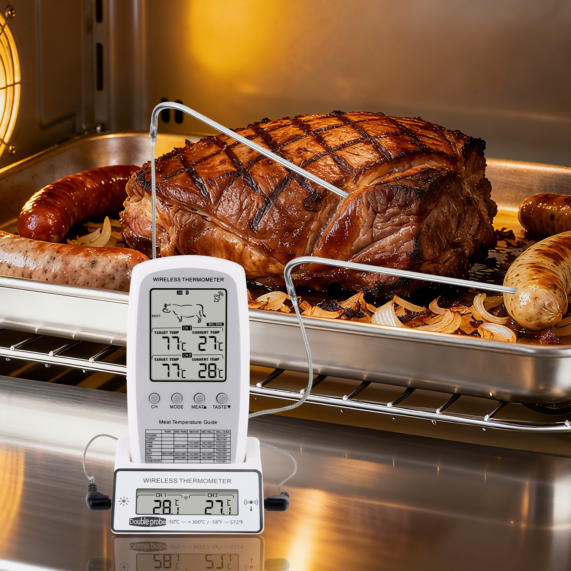 Unique Bargains Digital Meat Thermometer with 2 Temperature Probes White/Silver