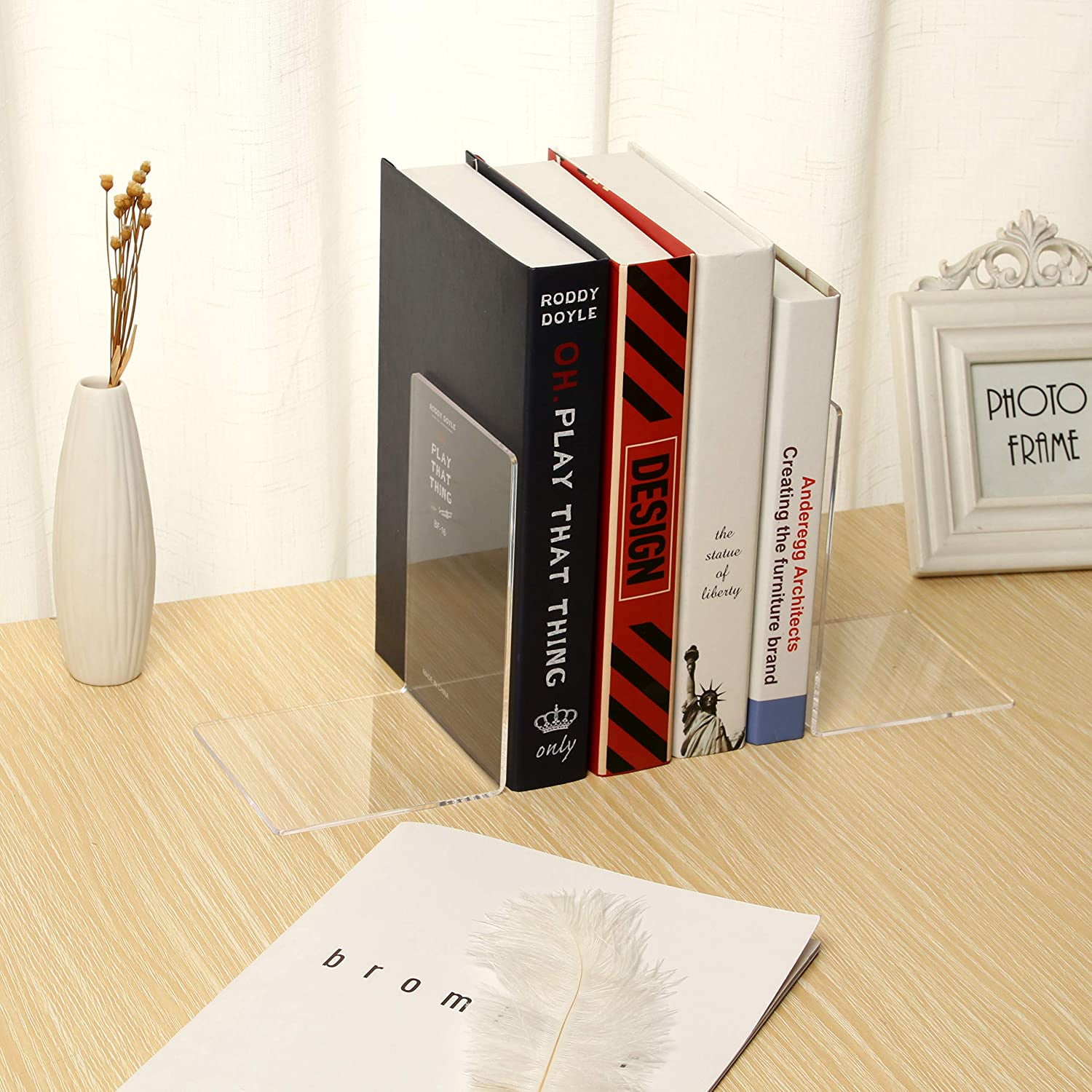Acrylic Bookends, 2 Pairs of Clear Invisible Book Ends for Shelves, 4m