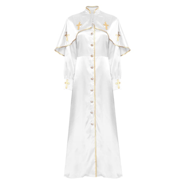 YiZYiF Robe de Clergé pour Femmes à Manches Longues, Boutons, Ligne A, Longue Robe Maxi, Robe de Ministre, Église, Chorale, Blanc, P