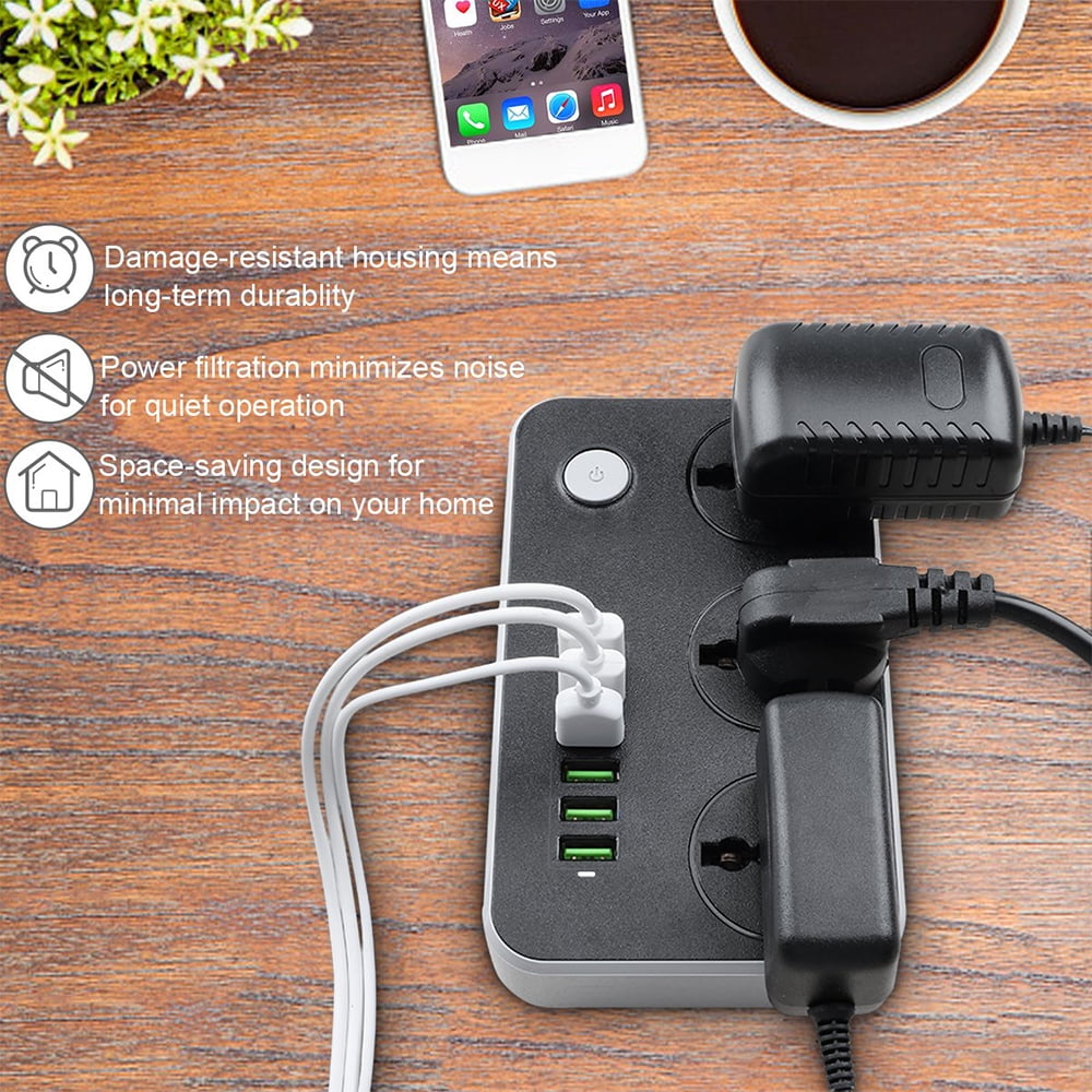 Power Strips with USB ports 3 Way Outlets 6 USB Ports Surge Protection Power Strip Universal Power Socket with 2 Meter Bold Extension cord With Fuse and Shutter Extension Lead Black+Gary