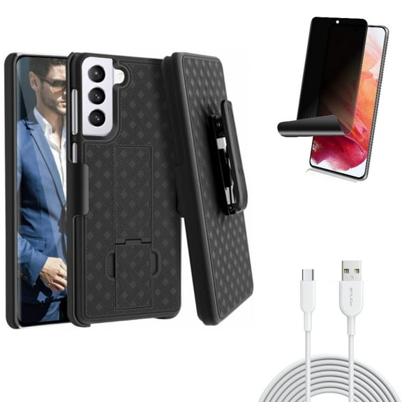 6ft USB-C Cable w Case Belt Clip w Privacy Screen Protector for Samsung Galaxy S21 Plus - Type-C Fast Charger, Holster Swivel, TPU Film Fingerprint Works Accessory Bundle