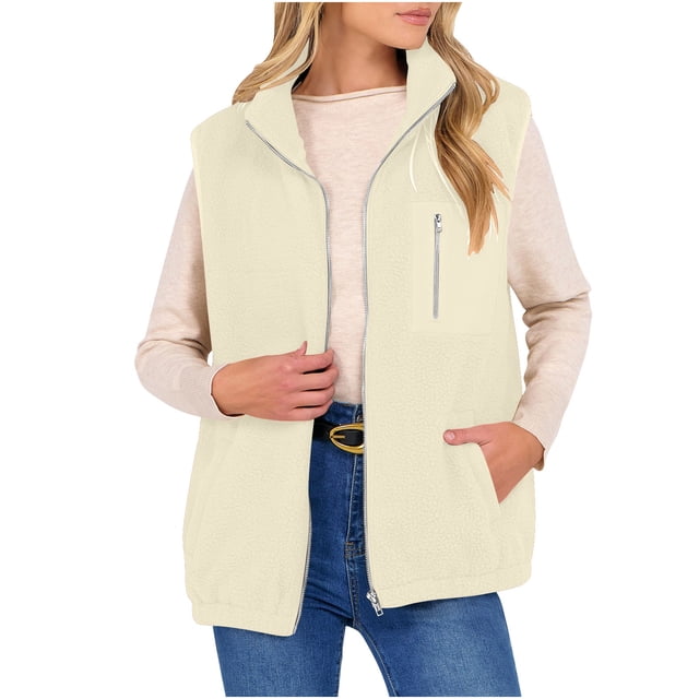 Plebaso Veste Sans Manches pour Femmes à Fermeture Éclair, Col Montant, Veste Duveteuse en Molleton pour Femmes avec Poches
