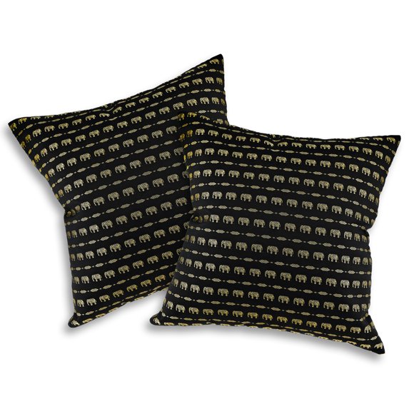Decorative Elephant Parade Stripes Black Silk Throw Pillow Cushion Cover Set