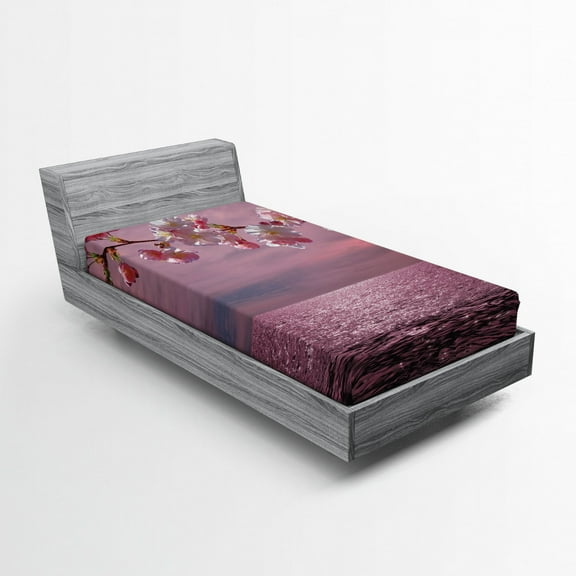 Ambesonne Japanese Fitted Sheet, Cherry Tree Branch, Twin XL Size, Pink and Pale Pink