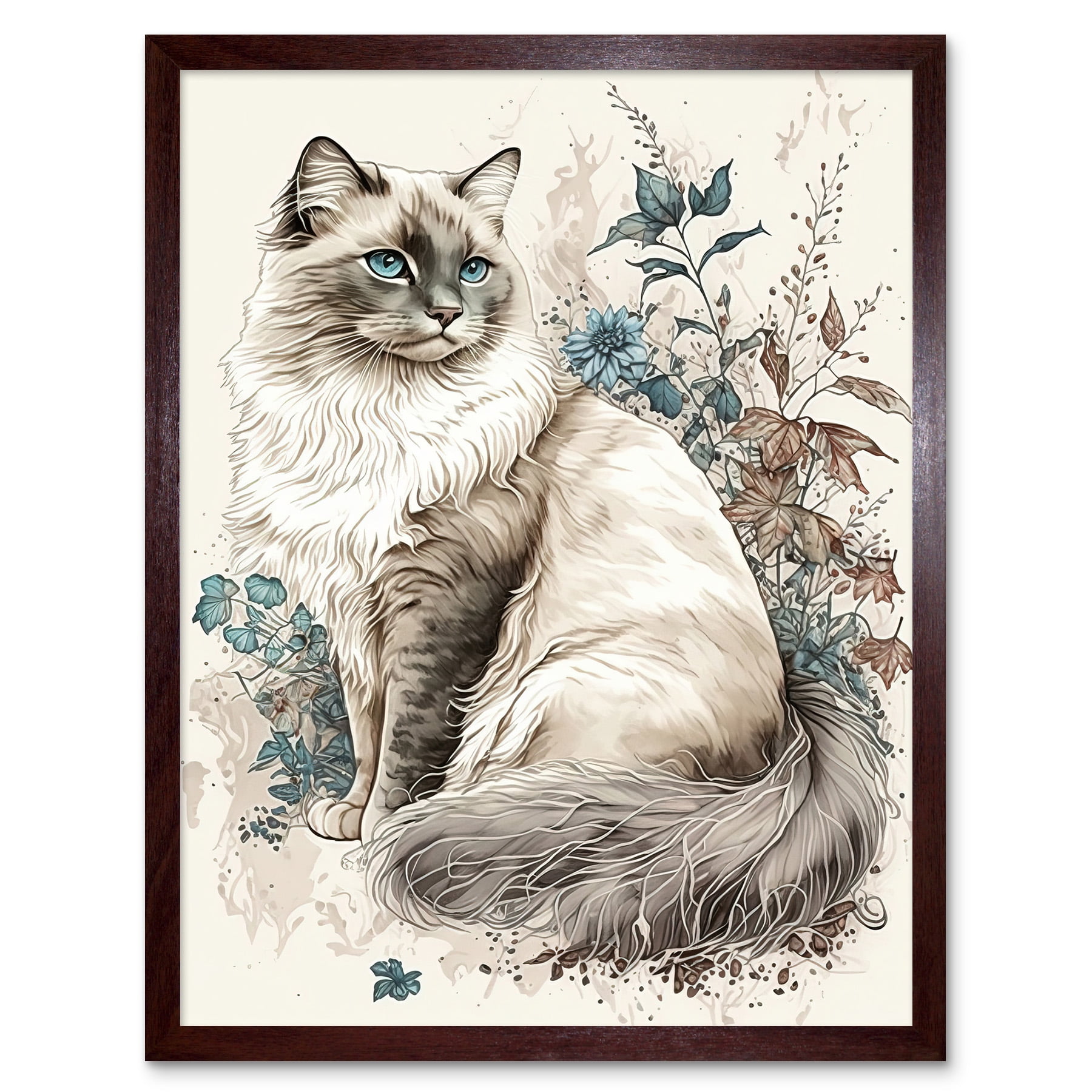 Blue Point Ragdoll Cat with Flowers Watercolour Illustration Art Print