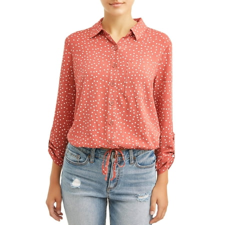 Floral Print Empire Tie Top - No Boundaries Juniors' Printed Tie Front Woven Shirt