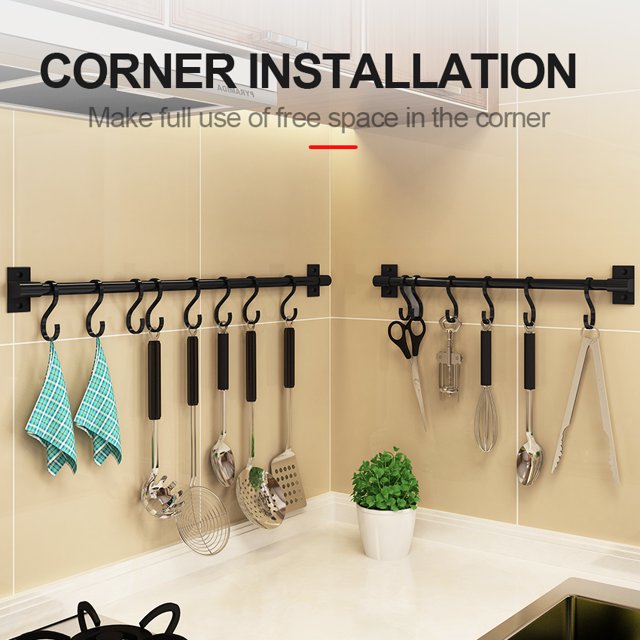 CAROOTU Cuisine Suspendu Rack avec Crochets Mur Monté Espace Support Barre Simple Tige en Aluminium Facile de Stockage Rack