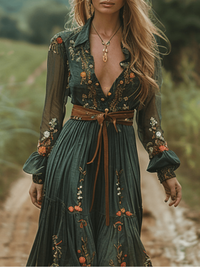 ZOELNIC Women's Ethnic Retro Floral Maxi Dress Long Sleeve Boho Pleated Party Shirt Dress with Buttons(NO Belt), S