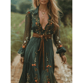 thumbnail image 2 of ZOELNIC Women's Ethnic Retro Floral Maxi Dress Long Sleeve Boho Pleated Party Shirt Dress with Buttons(NO Belt), 3XL, 2 of 5