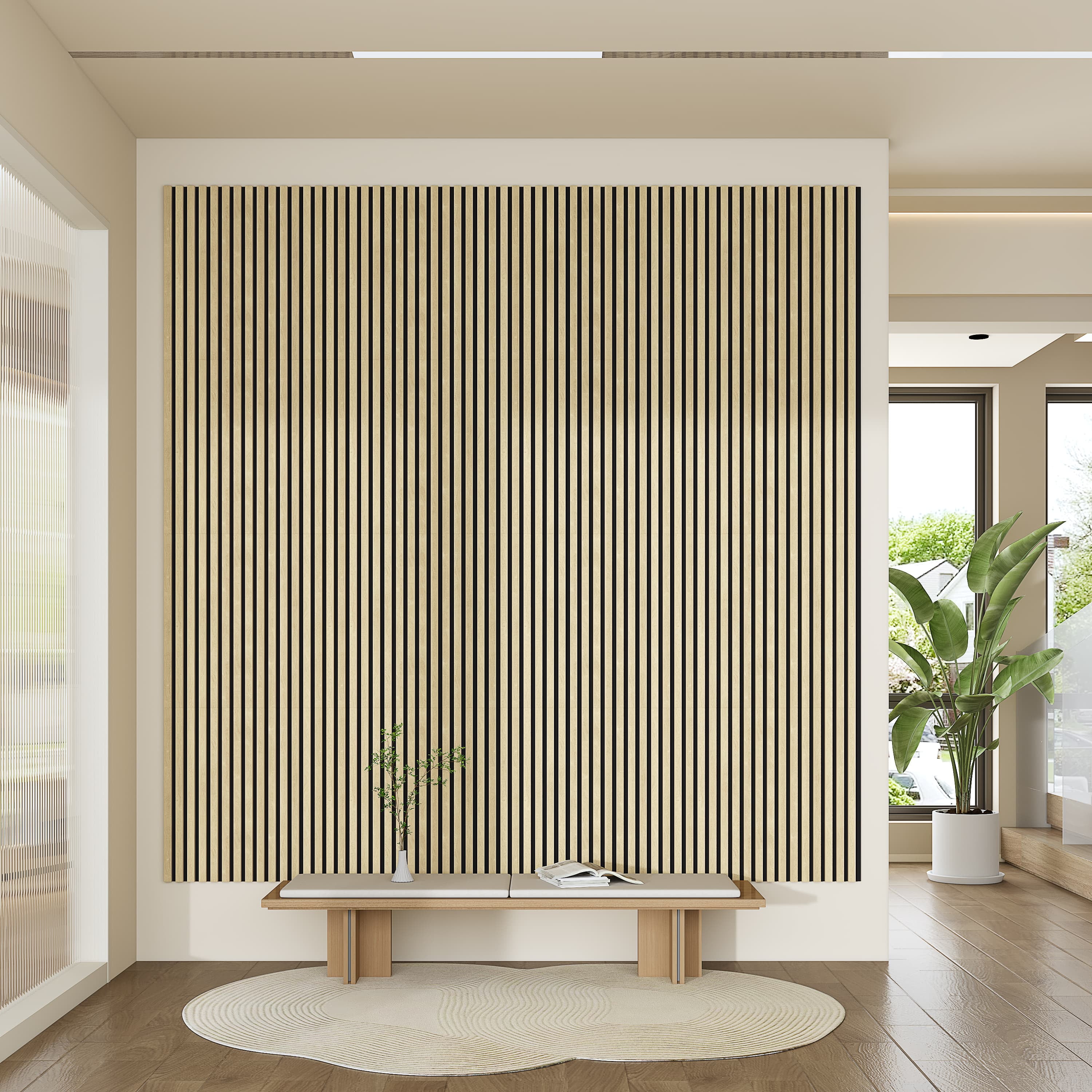 24"x24" Acoustic Slat Wood Wall Panel 3D Slatted Wall Panels 4Pcs,Natural