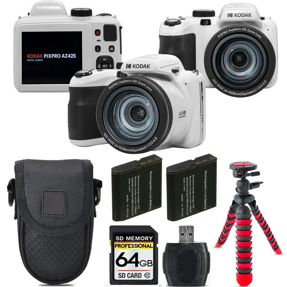 Kodak PIXPRO AZ425 Digital Camera (White)   Extra Battery  Tripod   Case -64GB Kit