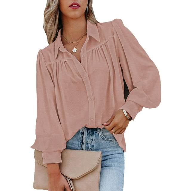 Blusa de manga larga con solapa de color puro con botones y tops casuales de moda para mujer