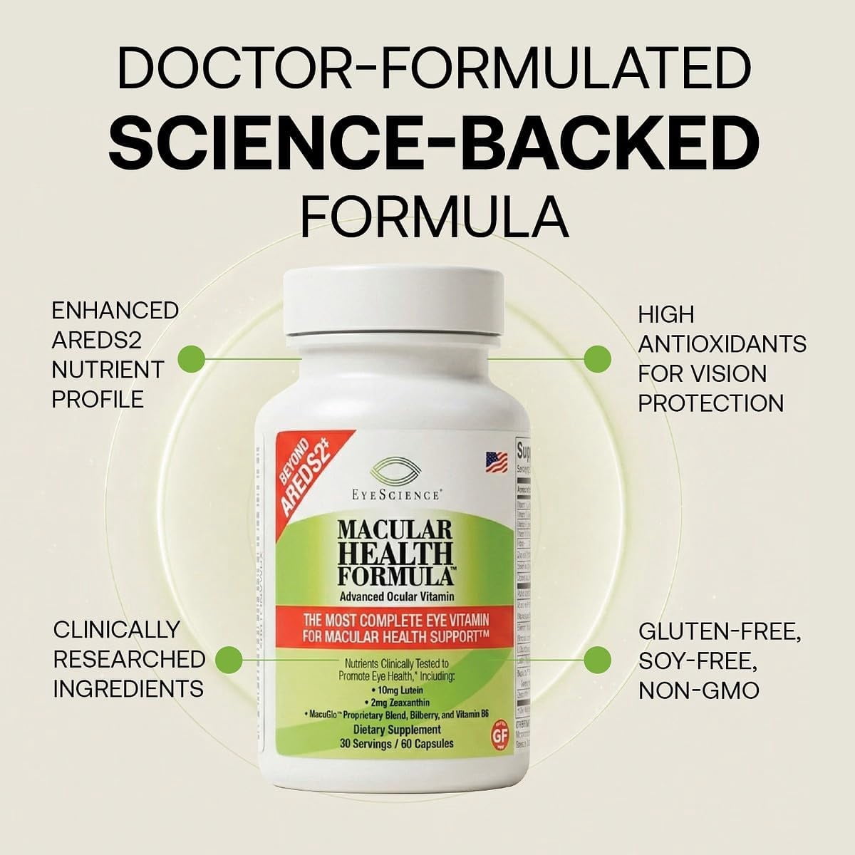 EyeScience Macular Health Formula - Advanced Ocular Vitamin Dietary Supplement Capsules, 60 Count