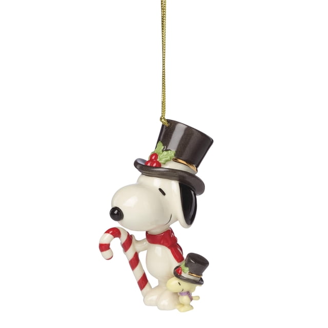 Adornos Lenox de Snoopy y Woodstock con bastón de caramelo, de porcelana, con cordón dorado para decorar el árbol, adornos navideños, diseño de Snoopy, decoración invernal (1 pieza)