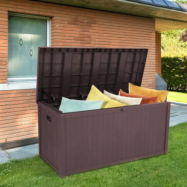 113 Gallon Resin Extra Large Deck Storage Cabinet For Patio Furniture Outdoor Cushions Garden Tools And Pool Toys Brown Com 113 Gallon Resin Extra Large Deck, Extra Large Outdoor Storage Box For Cushions